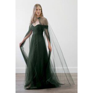 Dramatic Long Tulle Off Shoulder Formal Dress with Cape. Evergreen. Size 1X